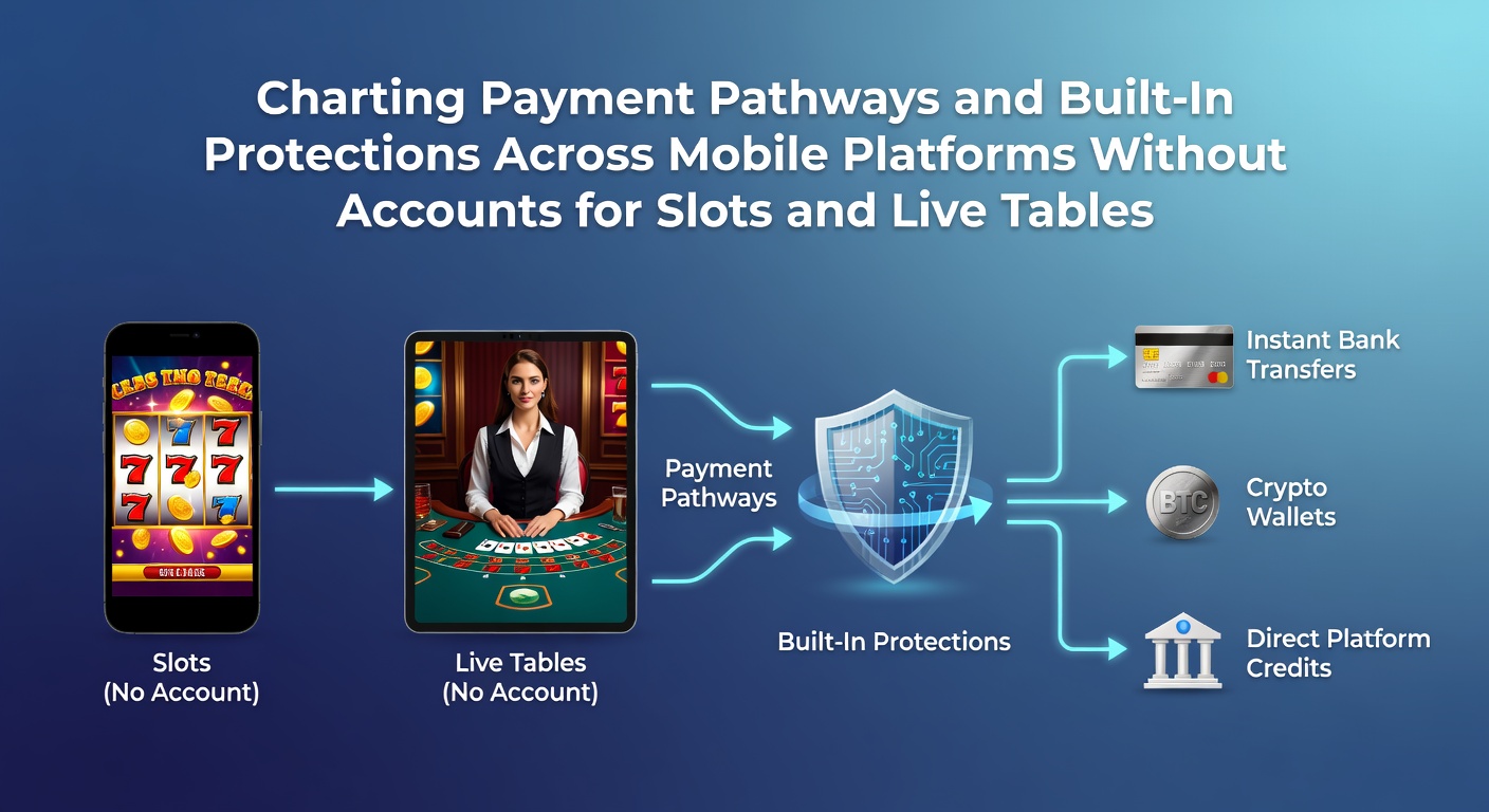 Mobile payment interface showing secure transaction pathways for no-account slots and live tables