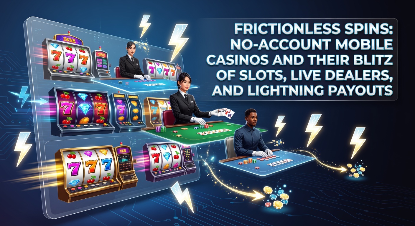 Vibrant mobile casino app displaying spinning slots and live dealer tables on a smartphone screen, highlighting seamless no-account access