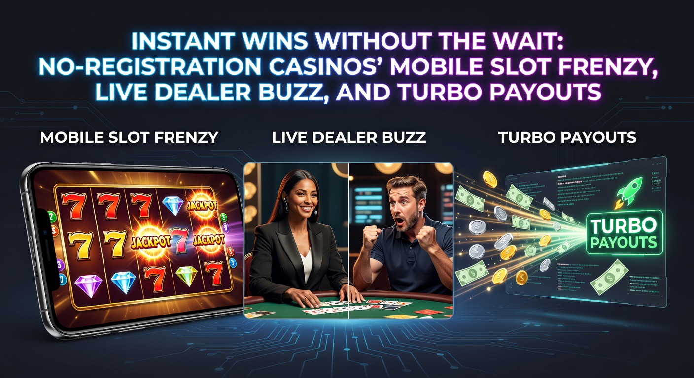 Vibrant mobile screen displaying a no-registration casino interface with spinning slots and live dealer table in action, highlighting instant access and fast payouts
