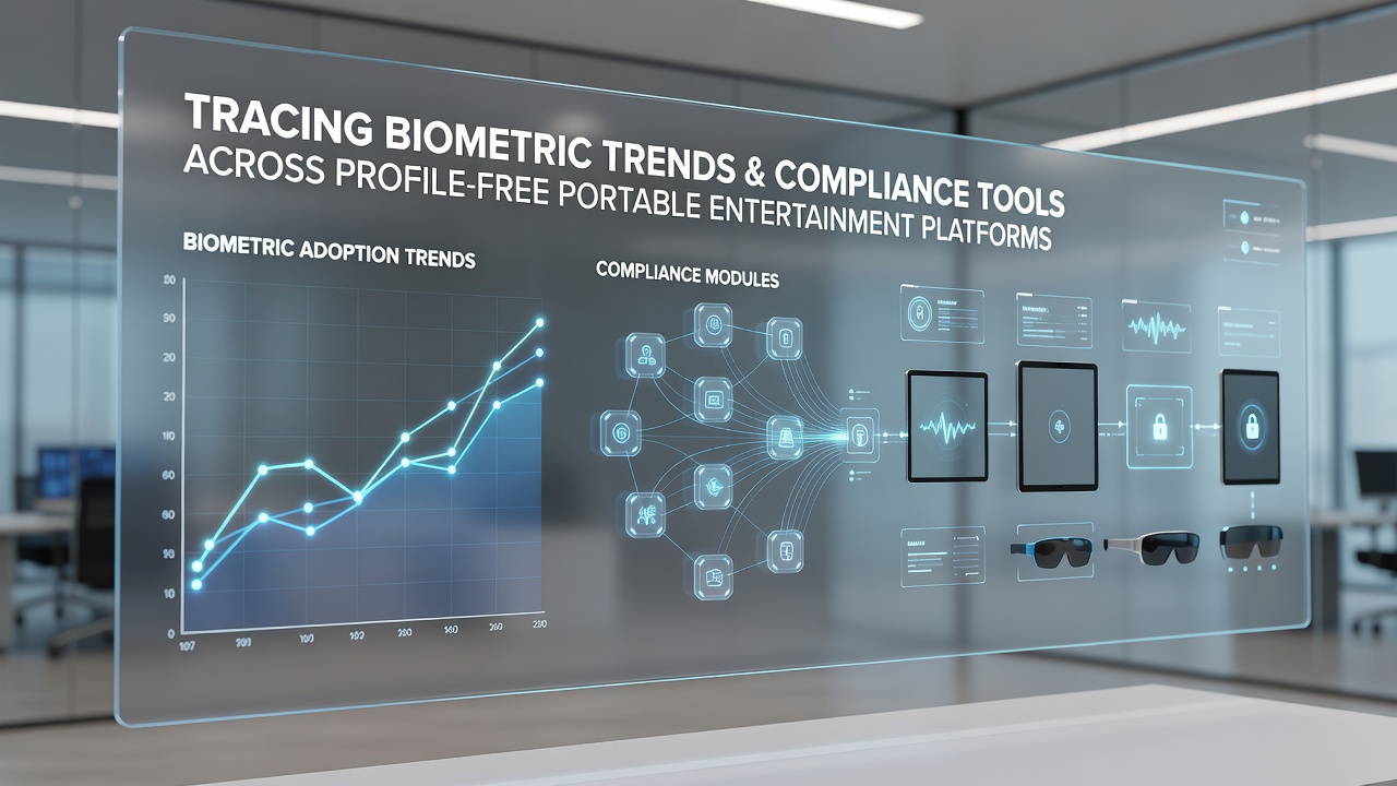 Compliance dashboard displaying biometric verification metrics and encryption status on a portable device
