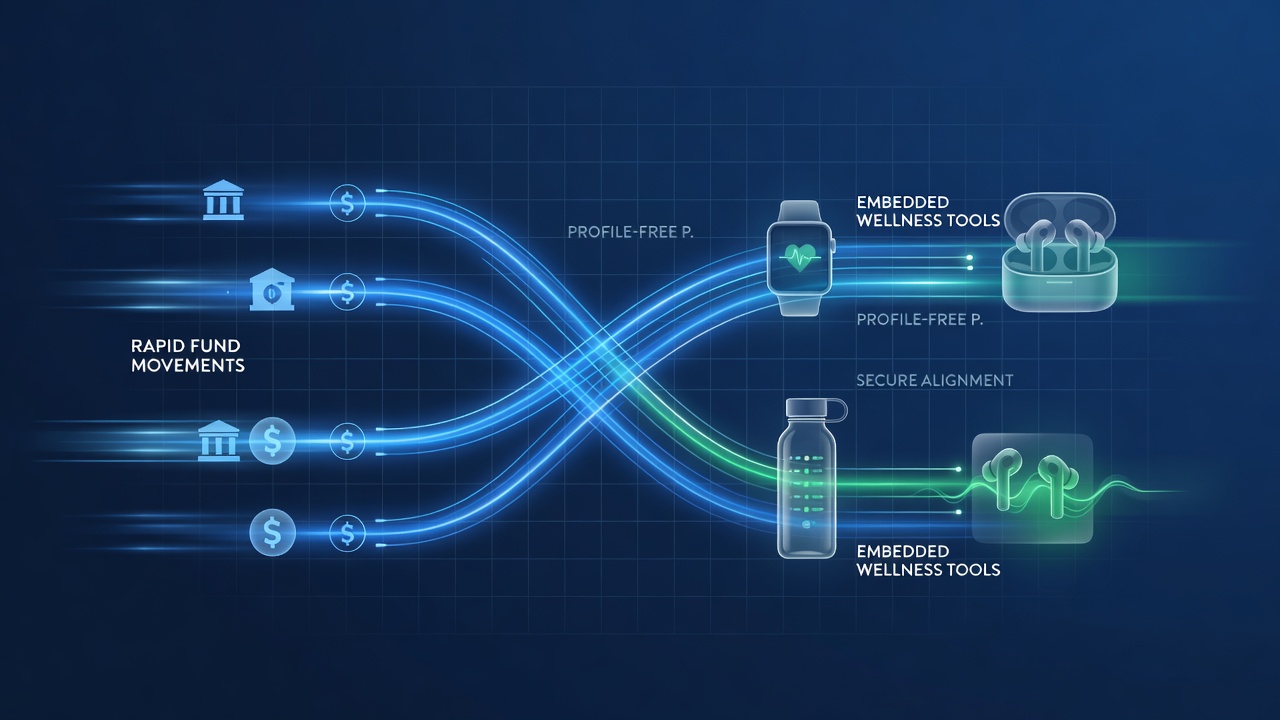 Flow diagram of tokenized payments linking to wellness alerts in no-registration mobile casino apps